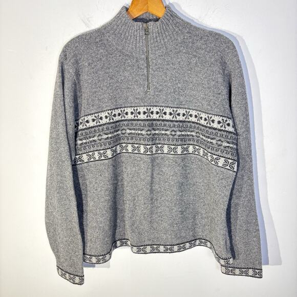 Vintage Eddier Bauer Women's Snowflake Lambswool 1/4 Zip Knit Sweater Gray Sz XL - Picture 1 of 6